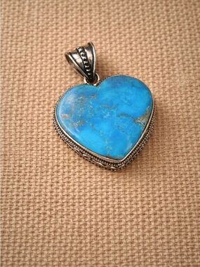 Turquoise Gemstone Heart 1.8” Silver Pendant#27